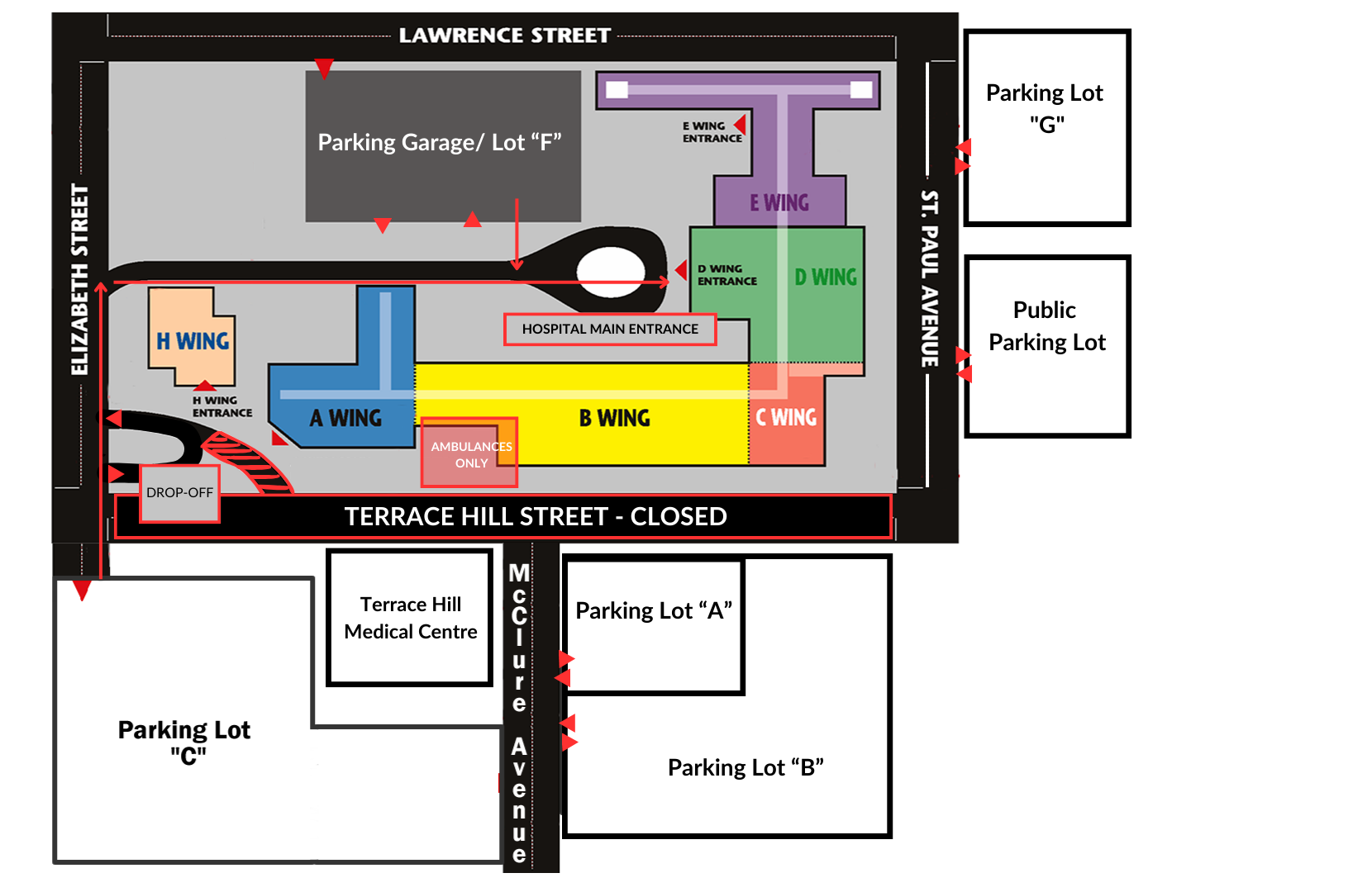 Parking and entrance map for Brantford General Hospital, effective November 27